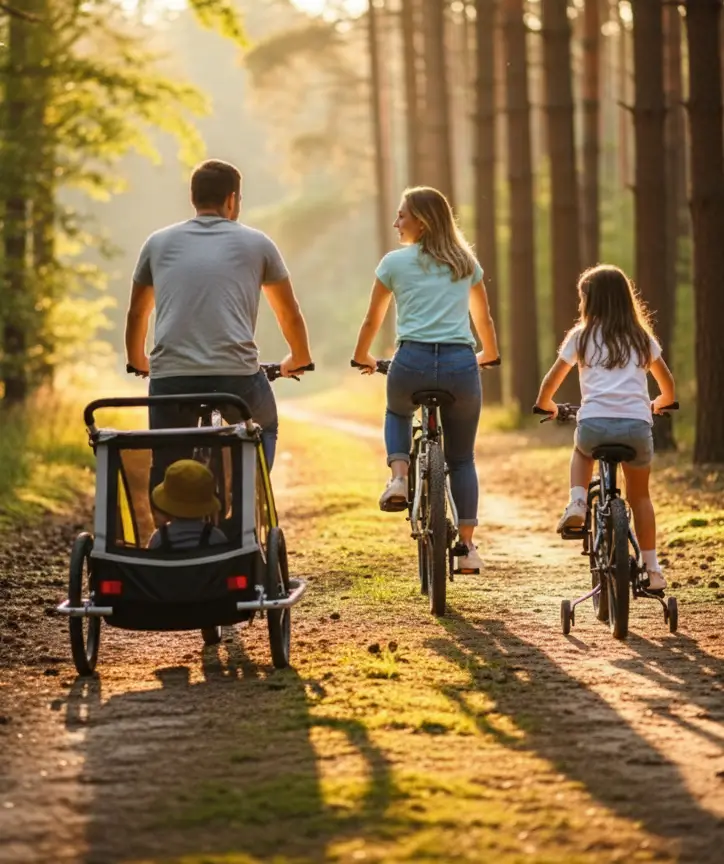 Rodzina 2+2 na wycieczce rowerowej z przyczepką po lesie