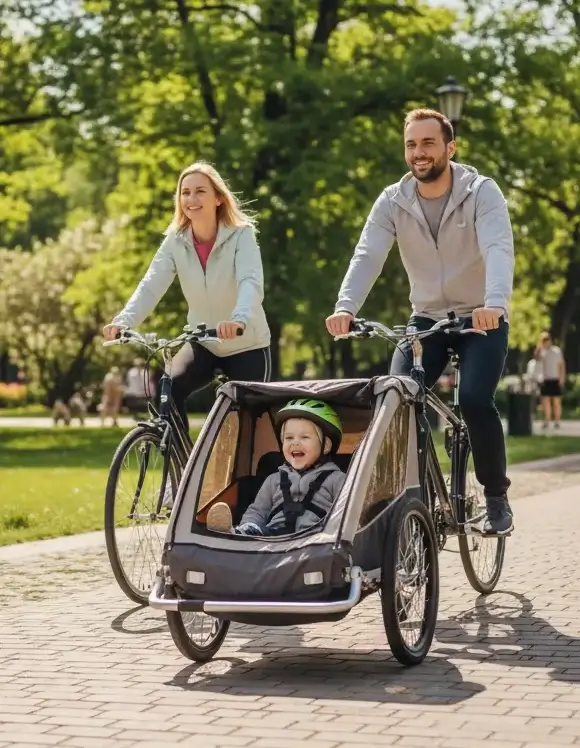 Rodzice z dzieckiem na wycieczce rowerowej z przyczepką po mieście