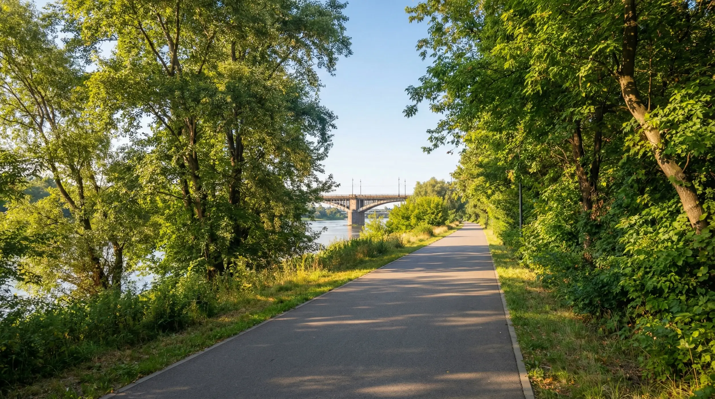 Gładka ścieżka rowerowa nad Wisłą w Warszawie – idealne otoczenie na rodzinną wyprawę z przyczepką lub fotelikiem.