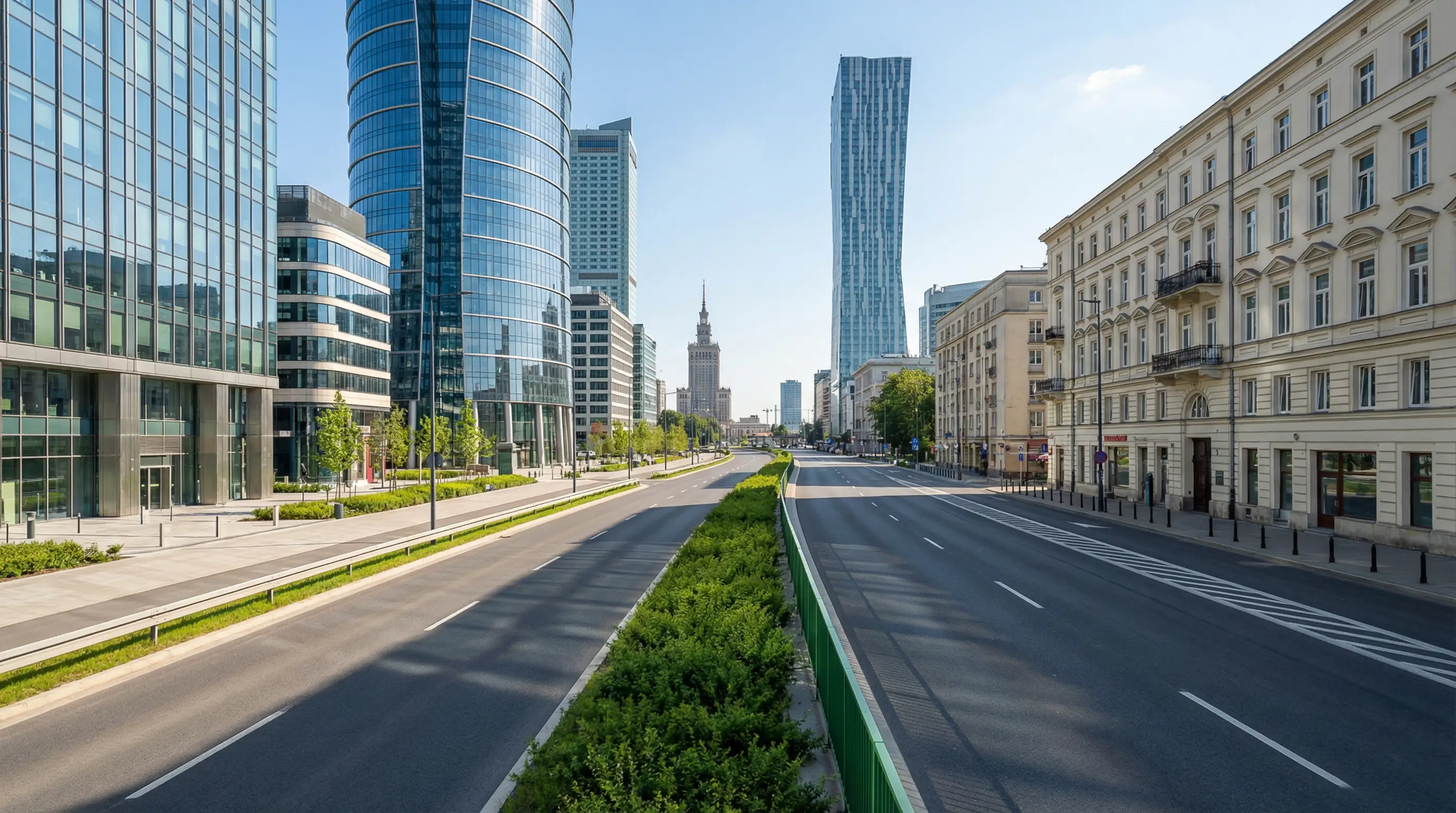 Nowoczesna, szeroka ścieżka rowerowa w Warszawie biegnąca wśród miejskiej zabudowy i wieżowców – bezpieczny kierunek na rodzinną wyprawę z przyczepką, bez walki z krawężnikami.
