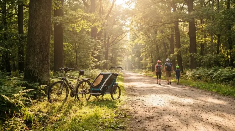 Szeroka leśna droga w Lesie Kabackim idealna na rodzinną wycieczkę z przyczepką rowerową – sprawdzony patent na wyprawę od Przyczepione.pl