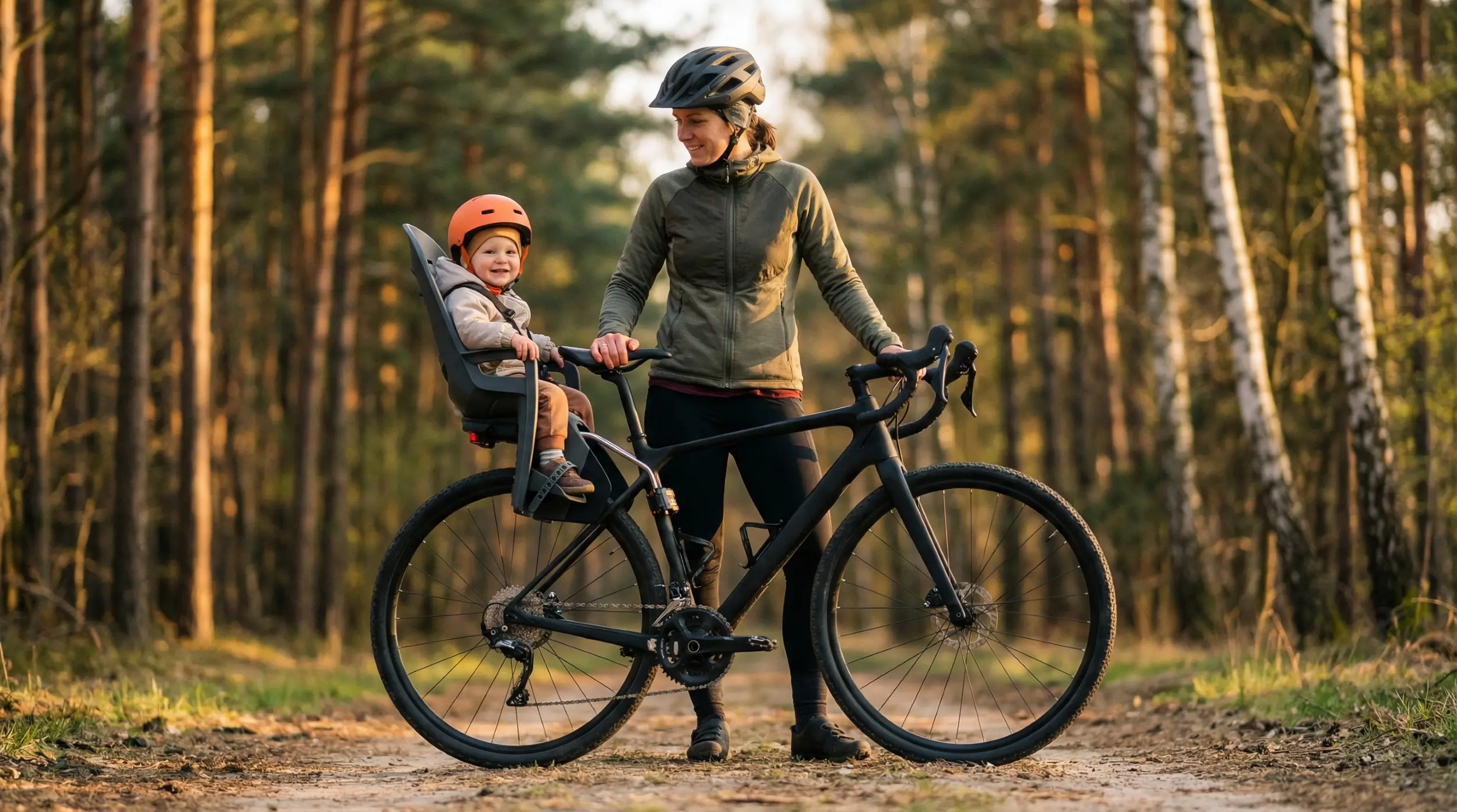Fotelik rowerowy dla dziecka Hamax Caress zamontowany na ramie roweru na leśnej ścieżce w Kampinosie.