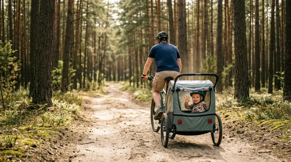 Test przyczepki rowerowej na leśnej szutrowej ścieżce — dziecko w przyczepce podczas weekendowego testowania